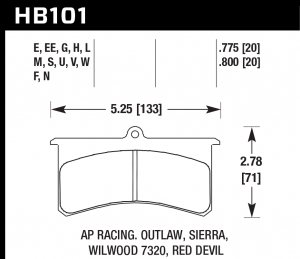 Колодки тормозные HB101H.800 HAWK DTC-05 Wilwood SL, AP Racing, Outlaw 20 mm