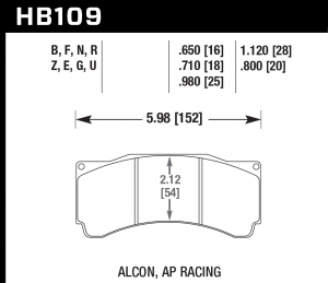 Колодки тормозные HB109G.980 HAWK DTC-60 (БЕЗ УШКА) PROMA 6 порш; StopTech; AP RACING; HPB тип 25 mm