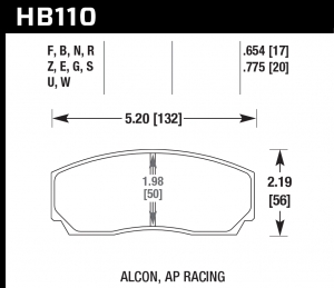 Колодки тормозные HB110B.654 HAWK STREET 5.0; AP Racing, Alcon, Proma 4 порш; HPB тип 2, Rotora 17mm