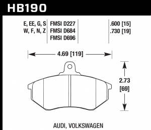 Колодки тормозные HB190EE.600 HAWK Blue 42; Audi, Volkswagon 15mm