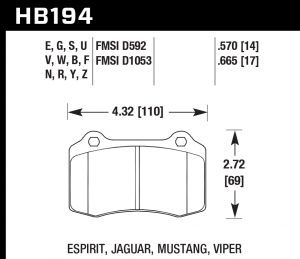 Колодки тормозные HB194E.665 HAWK Blue 9012 Viper, Mustang, Lotus 17 mm