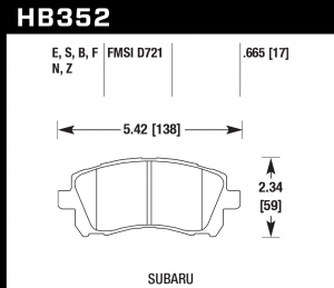 Колодки тормозные HB352N.665 HAWK HP+ передние SUBARU Impreza, Legacy, Forester, Outback