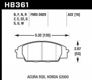 Колодки тормозные HB361S.622 HAWK HT-10 Honda S2000/Civic Type "R", Acura RSX 16 mm