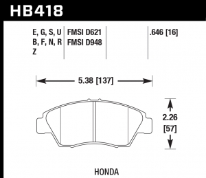 Колодки тормозные HB418E.646 HAWK Blue 9012 Acura RSX/Honda 17 mm