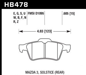 Колодки тормозные HB478F.605 HAWK HPS задние  FORD FOCUS 2 / MAZDA:3, 5