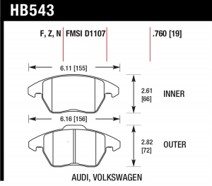 Колодки тормозные HB543G.760 HAWK DTC-60 Audi, VW 19 mm