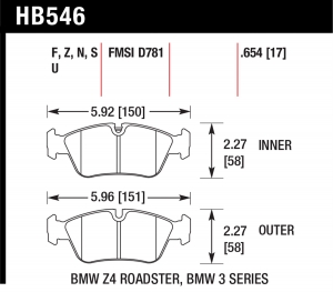 Колодки тормозные HB546S.654 HAWK HT-10 передние BMW 3 (E36), (E46), Z3, Z4