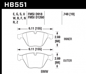 Колодки тормозные HB551B.748 HAWK Street 5.0 передние BMW 3 (E90,91,92) 335i,  M3 E90, 5 E60, 6 E63,