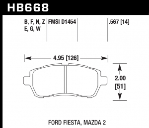 Колодки тормозные HB668G.567 HAWK DTC-60 2011 Mazda 2, Ford Fiesta front 15 mm