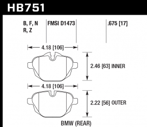 Колодки тормозные HB751B.675 HAWK Street 5.0 зад BMW 5 F10; 5 F11; 5 F18; i8; X3 F25; X4 F26;