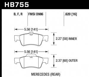 Колодки тормозные HB755F.620 HAWK HPS; 16mm  задн MB CLS C218; C219; E W212;